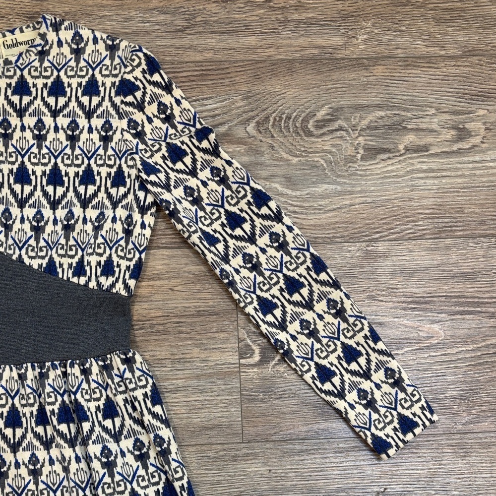 Vintage Goldworm Virgin Merino Wool Blue and Cream Patterned Dress Made In Italy - Picture 5 of 15